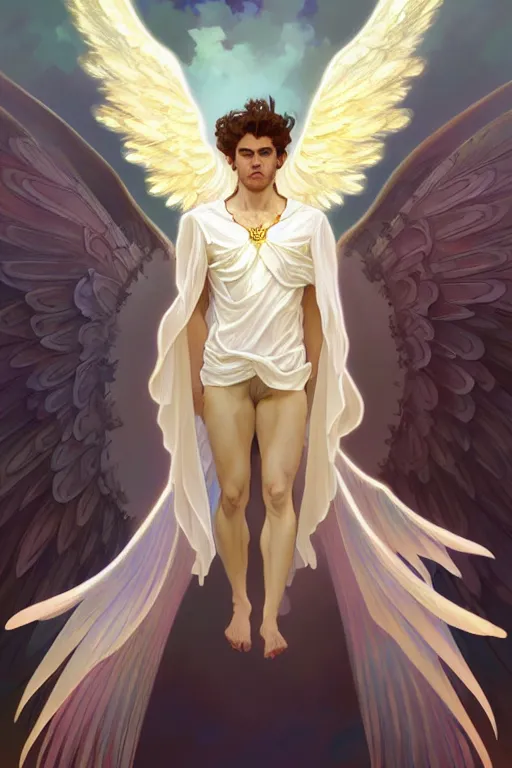 Image similar to symmetrical, beautiful young fit male angel with curly blond hairs, dressed with fluent clothes, majestic wings, luminous halo, by greg rutkowski and alphonse mucha, d & d character, gradient white to gold, in front of an iridescent background, highly detailed portrait, digital painting, artstation, concept art, smooth, sharp focus ilustration, artstation hq