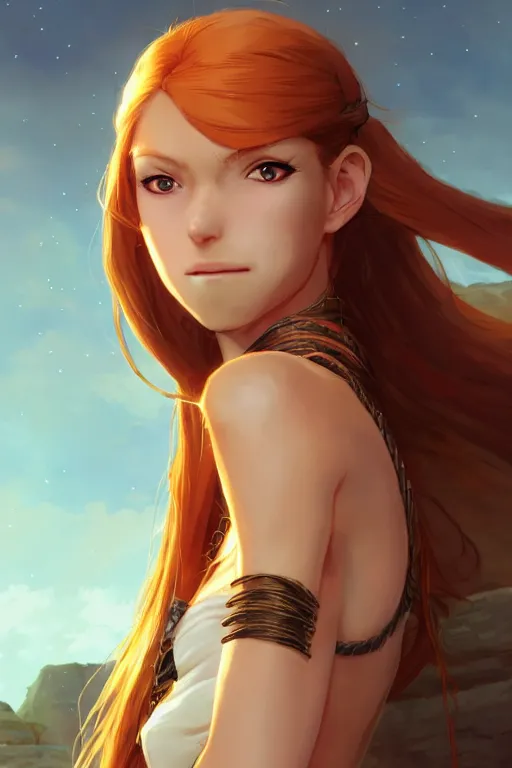 Prompt: long ginger hair, tanned woman in a prehistoric outfit, green eyes, fang necklace, by artgerm, hair tied in a ponytail, white backdrop, soft lighting, night time, by greg rutkowski makoto shinkai takashi takeuchi