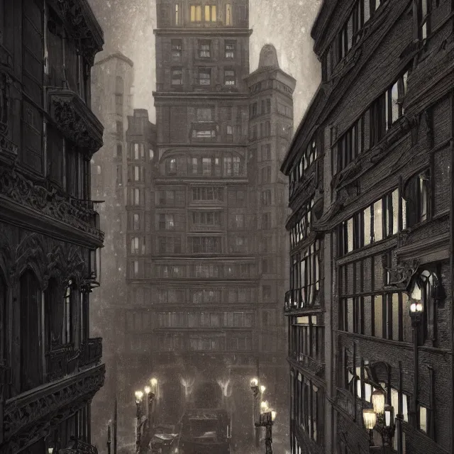 Prompt: action scene painting of a 1 9 2 0 s gothic style hotel in downtown boston, overlooking a dark street, architectural, atmospheric lighting, brooding, painted, intricate, ultra detailed, well composed, best on artstation, cgsociety, epic, horror, stunning, gorgeous, intricate detail, much wow, masterpiece, cinematic aesthetic octane render, 8 k hd resolution,