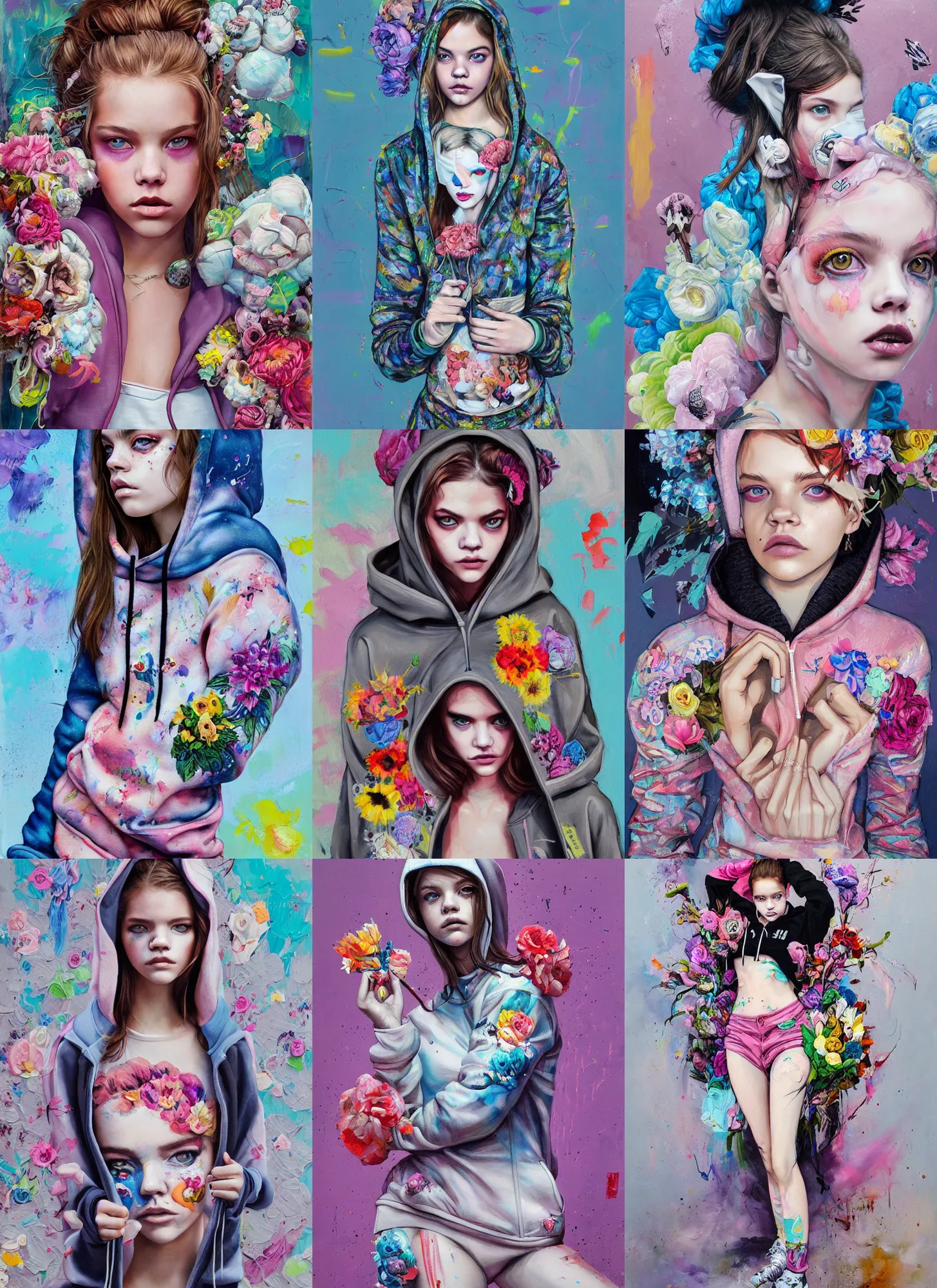 Prompt: barbara palvin wearing a hoodie standing in a township street in the style of martine johanna, street clothing, haute couture! fashion!, full figure painting by andrei riabovitchev, tara mcpherson, david choe, decorative flowers, detailed painterly impasto brushwork, pastel color palette, die antwoord