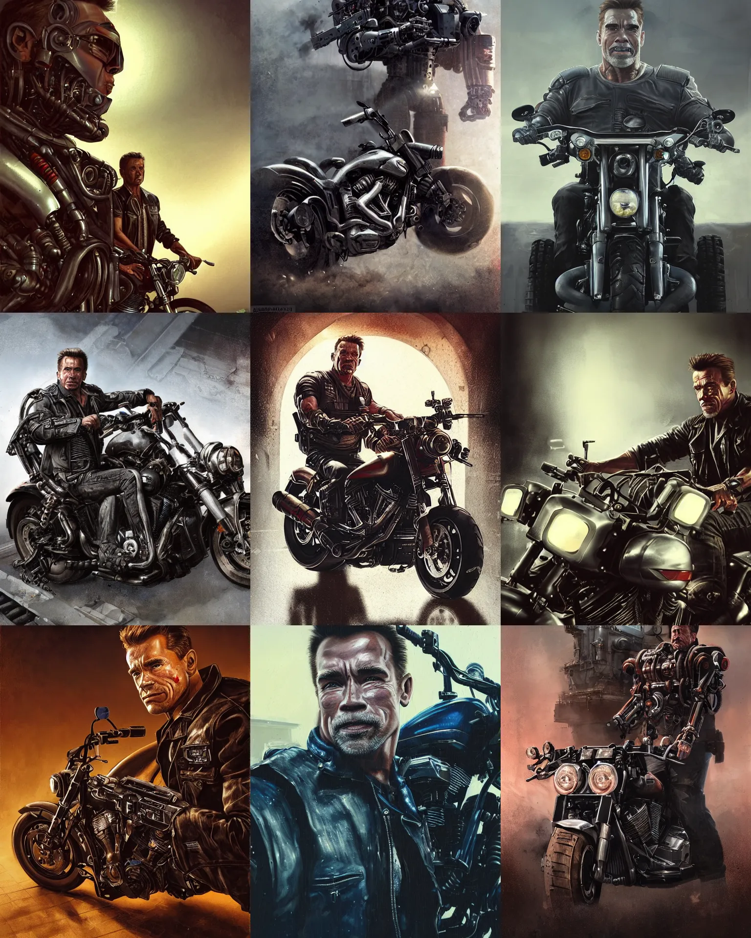 Prompt: a rugged engineer schwarzenegger with cybernetic enhancements sitting with the young john connor on a harley davidson, terminator t 8 0 0, scifi character portrait by greg rutkowski, esuthio, craig mullins, 1 / 4 headshot, cinematic lighting, dystopian scifi gear, gloomy, profile picture, mechanical, half robot, implants, steampunk