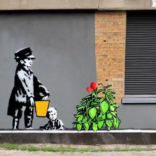 Image similar to a banksy mural of bill and ben the flowerpot men