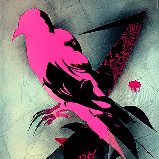 Image similar to the progressive rasterization of a bird, from a mechanical one into a pixel one, pink - noir oil on canvas by dave mckean and yoji shinkawa