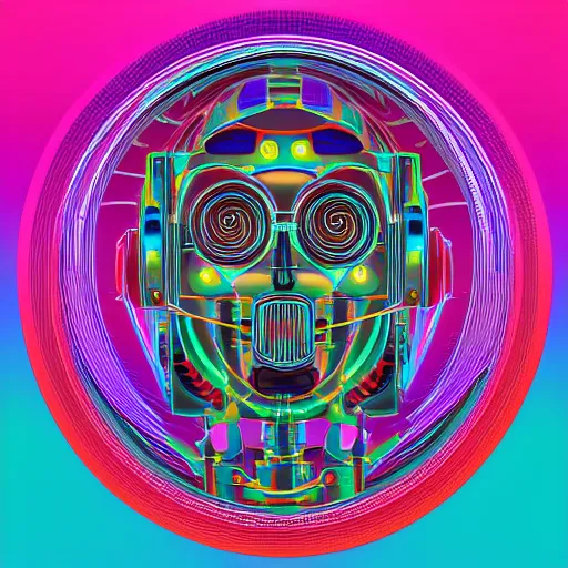 Image similar to hyperdetailed portrait of a multicolored spaced out steampunk robot head, 8 k, symetrical, halluzinogenic, meditative, vector art, black background