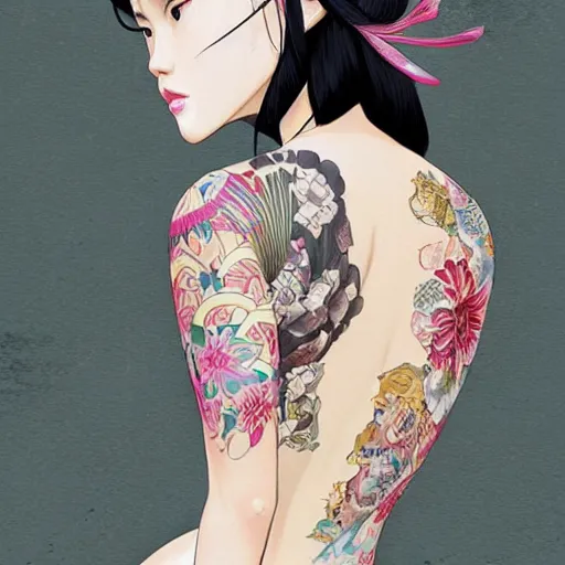 Prompt: a young and beautiful yakuza girl sitting with her back uncovered dropping her kimono, looking backwards, with a beautiful big tattoo painted on her bare back, character art, illustration, elegant, 2d, ultra highly detailed, digital painting, smooth, sharp focus, artstation, pixiv, art by Ilya Kuvshinov The seeds for each individual image are: [3001708447, 4278324670, 1629681202, 433331767, 491383094, 3258737512, 3423140693, 4200866388]
