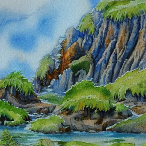 Prompt: detailed watercolor of a lush natural scene on an alien planet by stephen quiller. beautiful landscape. weird colourful vegetation. cliffs and water.