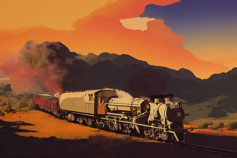 Image similar to idyllic old western freight train illustration by syd mead, artstation, 4 k, graphic novel, concept art, matte painting, steam engine spewing billowy white clouds of steam, beautiful mountain desert sunset background, golden hour