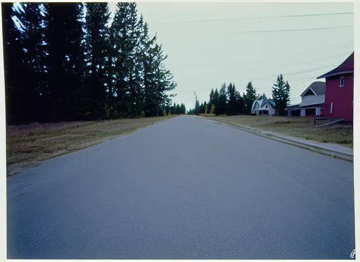 Image similar to A disposable camera picture of an empty street in a small rural Canadian suburb, Kodak Fling 200, 1983