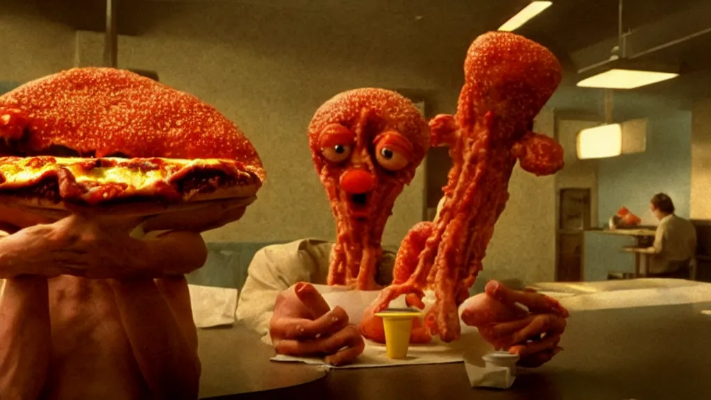 Prompt: the strange pizza creature at the fast food restaurant, film still from the movie directed by denis villeneuve and david cronenberg with art direction by salvador dali and zdzisław beksinski,