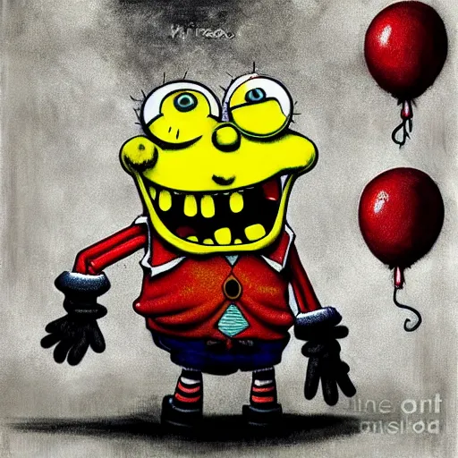 Image similar to grunge painting of spongebob with a wide smile and a red balloon by chris leib, loony toons style, pennywise style, corpse bride style, horror theme, detailed, elegant, intricate