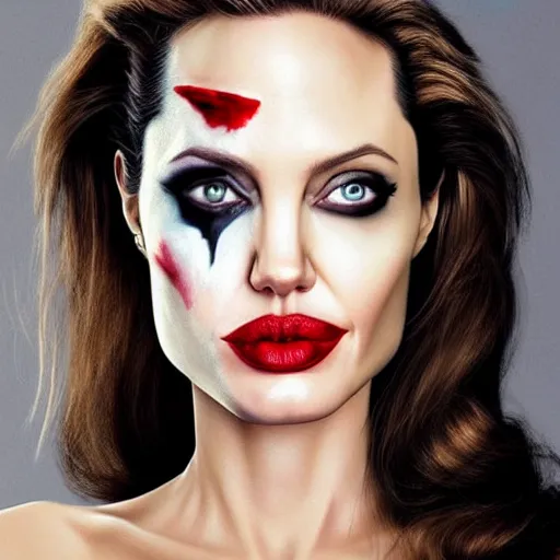 Prompt: angelina jolie in joker makeup film studio portrait warner bros