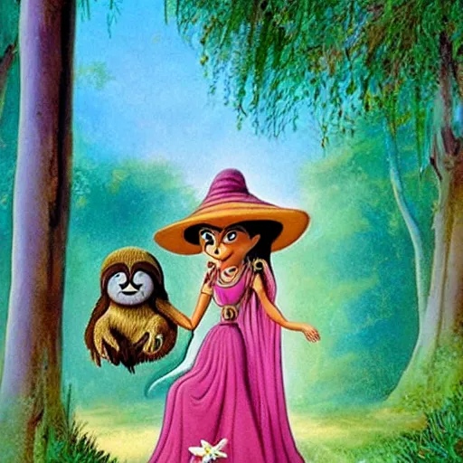 Image similar to a beautiful young indian cottagecore witch holds a cute sloth, 1 9 9 5 disney animation, highly detailed