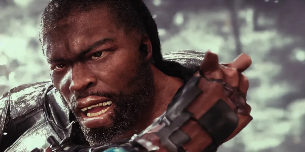 Image similar to a film still of a black man starring in a japanese blockbuster film as bryan fury from tekken, shallow depth of field, cinematic, award winning cgi, vfx, film still