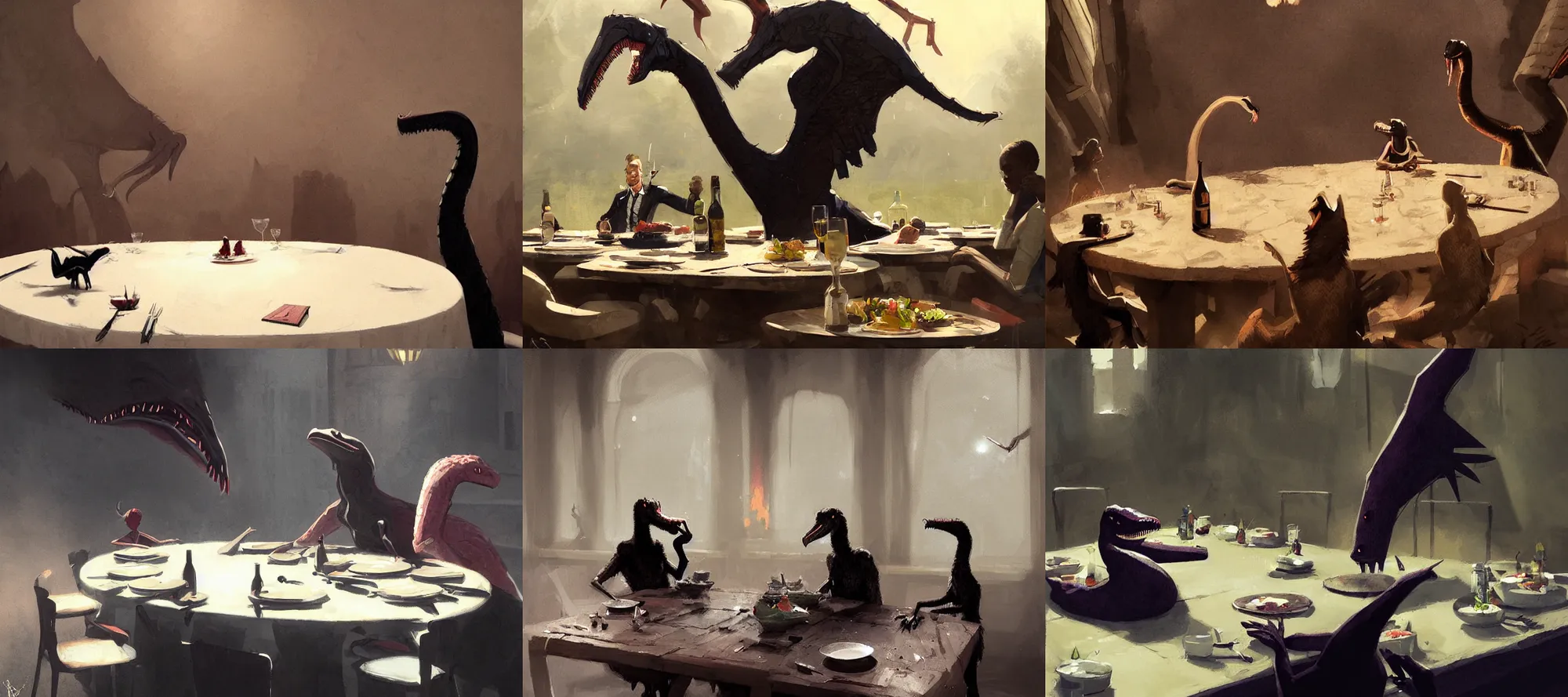 Prompt: salazzle eating dinner at a table happiness is temporary by greg rutkowski
