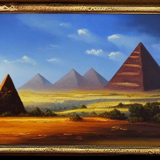 Image similar to fantasy landscape pyramids in distance rocky desert terrain oil painting widescreen