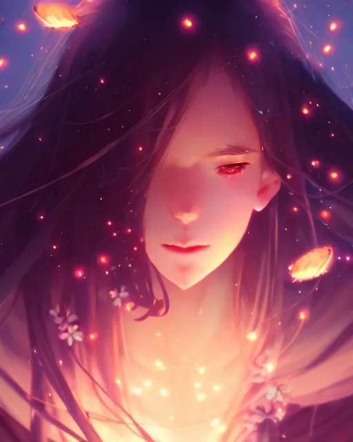 Image similar to goddess of the night surrounded by fireflies, wide angle view, cushart krenz, very detailed, realistic face, detailed face, matte, tonemapping, perfection, 4 k