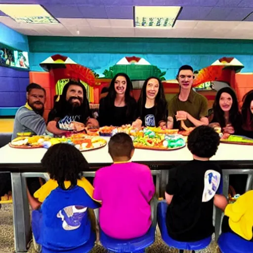 Image similar to jesus and god disciples having the last supper at chuck - e - cheese
