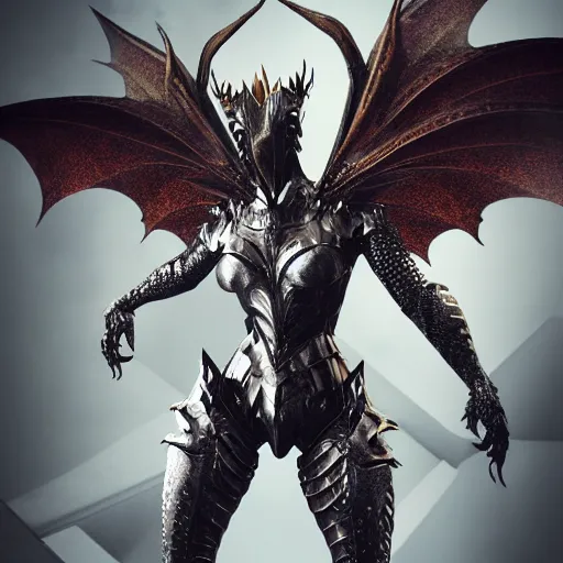 Image similar to highly detailed realistic stunning shot of a beautiful hot anthropomorphic female dragon knight, doing a majestic and elegant pose, armor made of steel, sharp claws and tail that extends out, two wings on her back, HD octane render, epic cinematography, fantasy, Artstation, Deviantart, Furaffinity