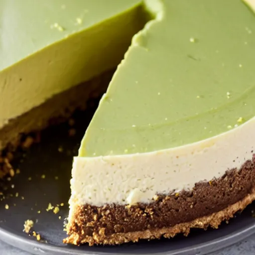 Image similar to close view of a delicious sweet and perfect avocado cheesecake piece, award winning, 4 k, beautiful
