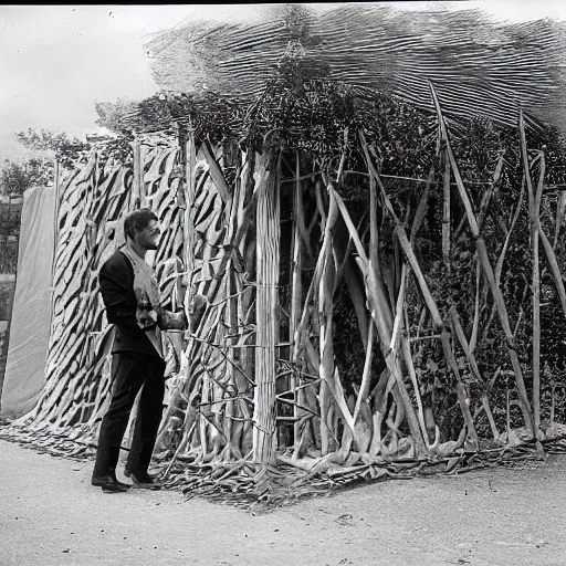 Prompt: iron man constructing a sukkah, booth, shelter