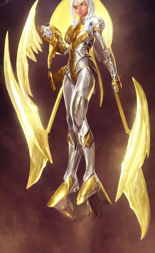 Image similar to Concept art, angel knight girl in golden and silver armor adorned with sapphire gems, artstation trending, cinematic, highly detailded