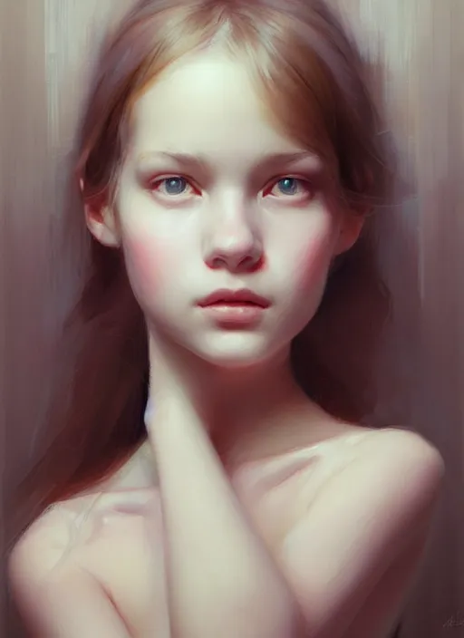 Prompt: realistic tender sweet portrait of a young woman symmetrical eyes, portrait illustration, trending on artstation, characterdesign, sharp focus, illustration, art by ruan jia, ghibli, elena shumilova, leah robinson