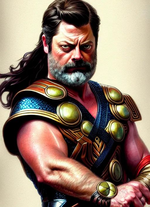 Prompt: portrait of nick offerman as thor, eyepatch, muscular, fantasy, intricate, elegant, highly detailed, digital painting, artstation, concept art, smooth, sharp focus, illustration, art by artgerm and greg rutkowski and alphonse mucha