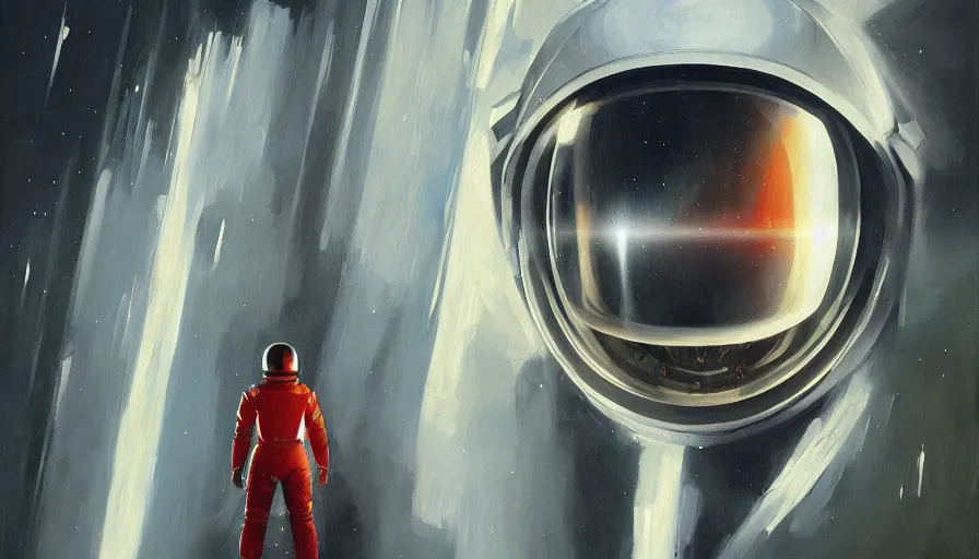 Image similar to 2 0 0 1 : a space odyssey, cinematic shot, oil painting by jama jurabaev, extremely detailed, brush hard, artstation, for aaa game, high quality, brush stroke