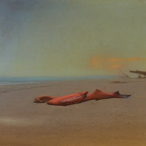 Image similar to decaying salmon on the beach, by beksinski.