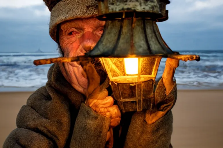 Image similar to closeup old man holding up a lantern on the beach in a pirate ship bay meet to a old wood shack by emmanuel lubezki