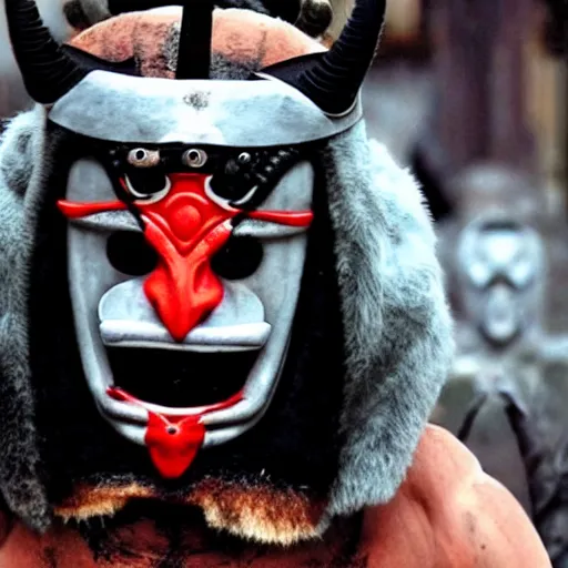 Image similar to big buff strong very buff samurai wearing an oni mask, movie still