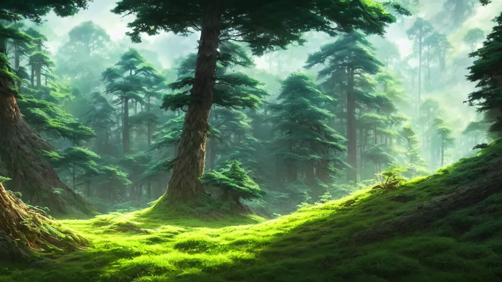 Image similar to forest clearing landscape, studio ghibli, pixar and disney animation, sharp, rendered in unreal engine 5, highly detailed, digital painting, artstation, concept art, smooth, sharp focus, illustration, wide angle, artbook, wallpaper, splash art, promo art, dramatic lighting, art by artgerm and greg rutkowski and bo chen and jin xiaodi