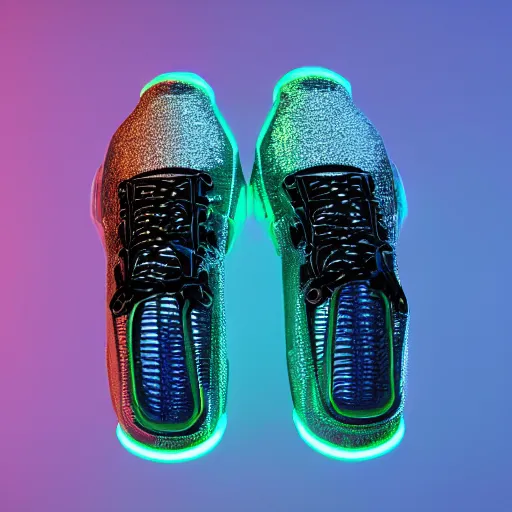 Image similar to high quality photorealistic octane 3 d render of bioluminescent sneakers floating in empty space, metallic laces, ribbed detailing, black base colour, flame pattern on lower. emissive, bloom, volumetric, ray - tracing, bjork