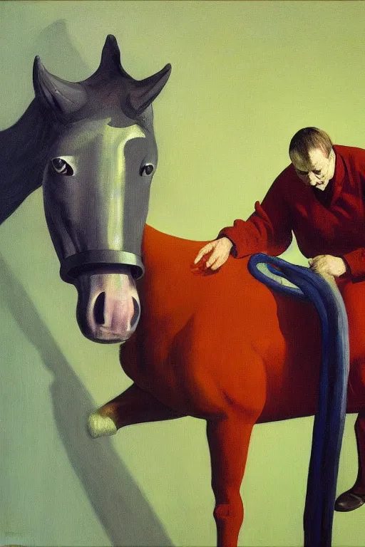 Image similar to man in horse costume, horse in costume astronaut, hauntingly surreal, highly detailed painting by francis bacon, edward hopper, adrian ghenie, gerhard richter, and james jean soft light 4 k,