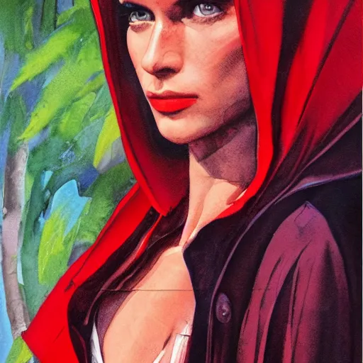 Prompt: photorealistic picture, by bob peak and alex ross and john romita jr, red riding hood lost in miami, gouache and wash paints, fine details, fine intricate, fine facial proportionate, fine body proportionate, smooth focus, sharp details, bokeh, 4 k, fine 5 k details