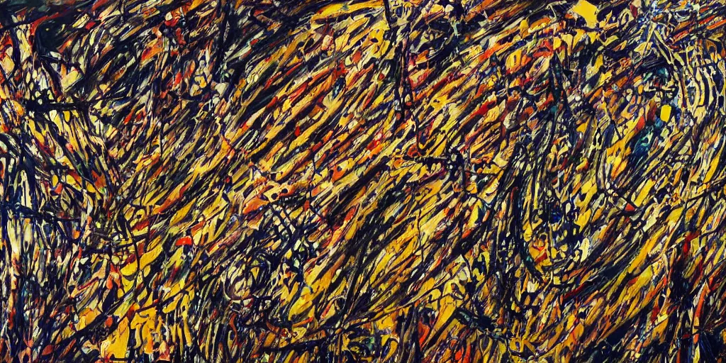 Prompt: an ultra detailed oil painting where the paint strokes embody the brass section of a symphony by jackson pollock, collaboration with pierre soulages, triadic color scheme