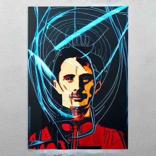 Prompt: majestic futuristic visionary inventor nikola tesla tarot card by sachin teng, artgerm, darius zawadzki, masterpiece, organic painting, matte painting, technical geometrical drawing shapes, swirling lightning electricity bolt, hard edges, graffiti, movie poster art by sachin teng, artstation trending