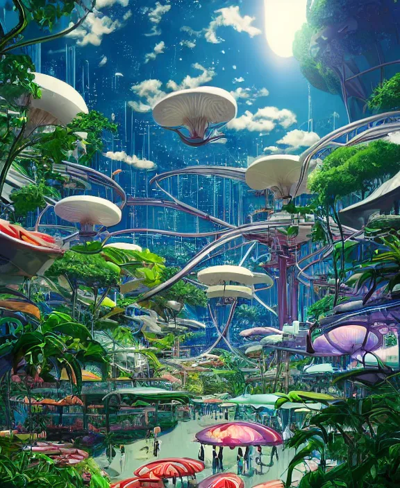 Prompt: simplicity, an amusement park made out of sleek organic creatures, in the style of an aerodynamic spaceship, overgrown with orchids, partly cloudy, sun - drenched, by dan mumford, yusuke murata, makoto shinkai, ross tran, cinematic, unreal engine, cel shaded, featured on artstation, pixiv