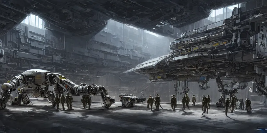 Prompt: an intricate concept art of a military crew inspecting a mechanical robot inside a megastructure facility,sci-fi, cinematic lighting, hyper realistic, art by dylan cole, detailed matte painting, digital art, scifi color palette