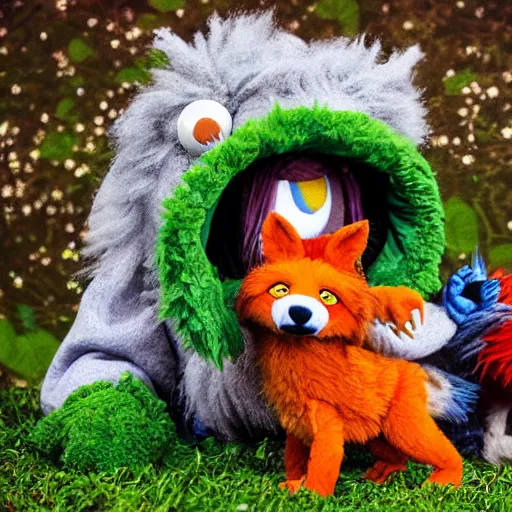 Image similar to a chibi foxfolk muppet druid wearing a hooded cloak holding a small muppet animal with a small herd of random muppet animals following behind, sesame street, photograph, photography, ultrarealistic, national geographic