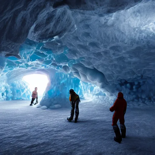 Prompt: photo realistic space explorers standing in massive ice cave, glowing volumetric lighting