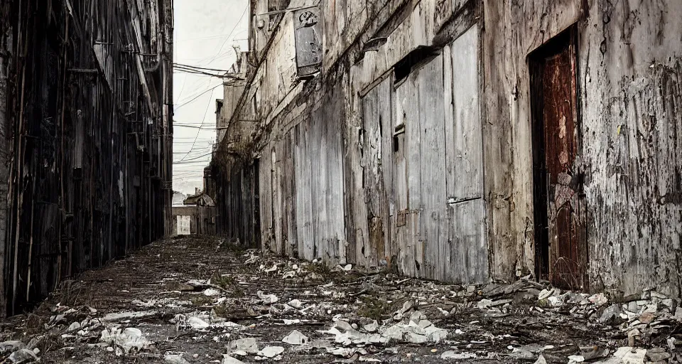 Image similar to ghost in an abandoned alleyway, color photograph by greg girard.