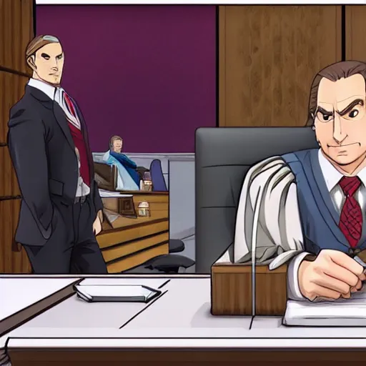 Image similar to Saul Goodman in ace Attorney as Phoenix Wrig, in a courtroom, anime