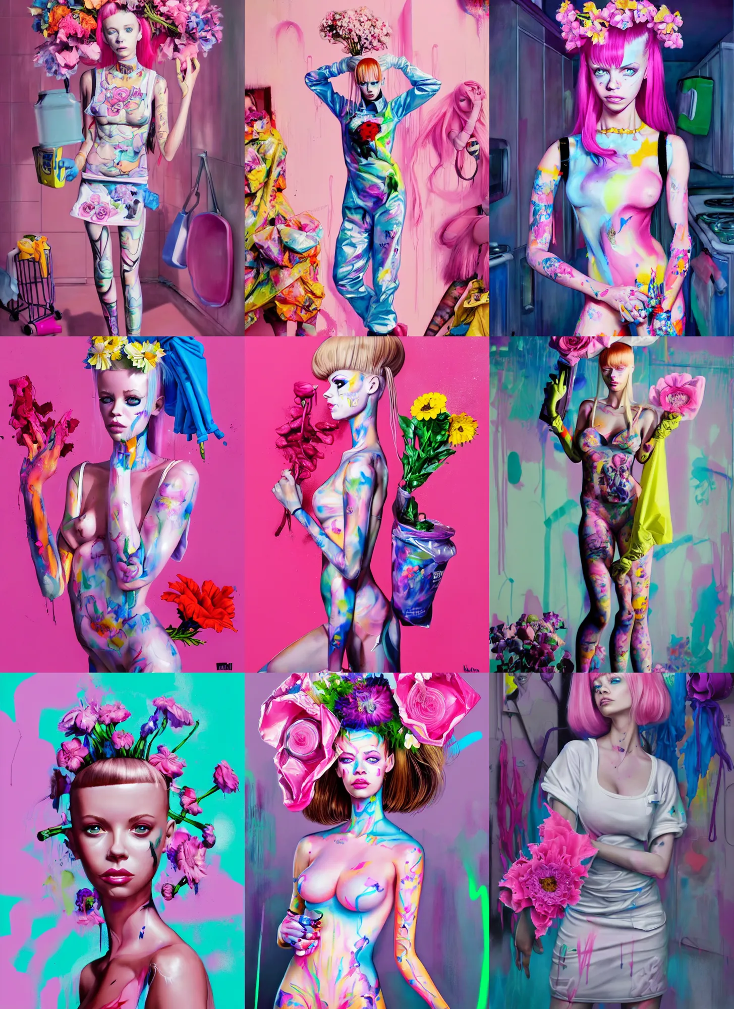 Prompt: still from music video of barbie palvin from die antwoord standing in a kitchen, wearing a trashbag garbage bag and flowers, street fashion, full figure portrait painting by martine johanna, ilya kuvshinov, rossdraws, pastel color palette, spraypainted bodypaint graffiti