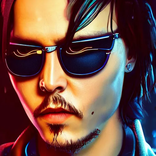 Image similar to young johnny depp portrait, Cyberpunk 2077, photorealistic, ultra detailed, cybernetic head, neon, octane, bokeh, cyber, cyber style, feature, scars, cyberface, 8k