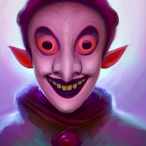 Image similar to a portrait of the happy mask salesman from the legend of zelda, art by lois van baarle and loish and ross tran and rossdraws and sam yang and samdoesarts and artgerm and saruei and disney, digital art, highly detailed, intricate, sharp focus, trending on artstation hq, deviantart, unreal engine 5, 4 k uhd image