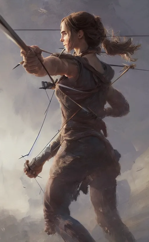 Image similar to portait of a buff emma watson archer shooting arrow, front game card, drark, marvel comics, dark, intricate, highly detailed, smooth, artstation, digital illustration by ruan jia and mandy jurgens and artgerm and wayne barlowe and greg rutkowski and zdislav beksinski