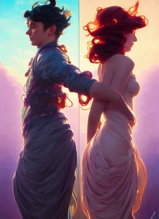 Prompt: fraternal twins mercury, boy and girl, flighty and indecisive, enthusiastic and bubbly, erratic air sign, cinematic portrait by artgerm, cushart krenz, greg rutkowski, mucha. art nouveau. gloomhaven, gleaming vibrant colors, sharp edges. ultra clear detailed. 8 k. elegant, intricate, octane render