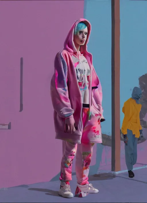 Prompt: still from music video of emma roberts from die antwoord standing in a township street, wearing a hoodie, street clothes, full figure portrait painting by njideka akunyili crosby and martine johanna, pastel color palette, 3 5 mm lens