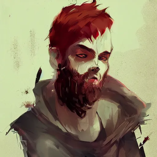 Prompt: human male character art, by Ismail Inceoglu, red hair, red beard, sunken eyes, scars, shabby clothes, digital art, dungeons and dragons, art